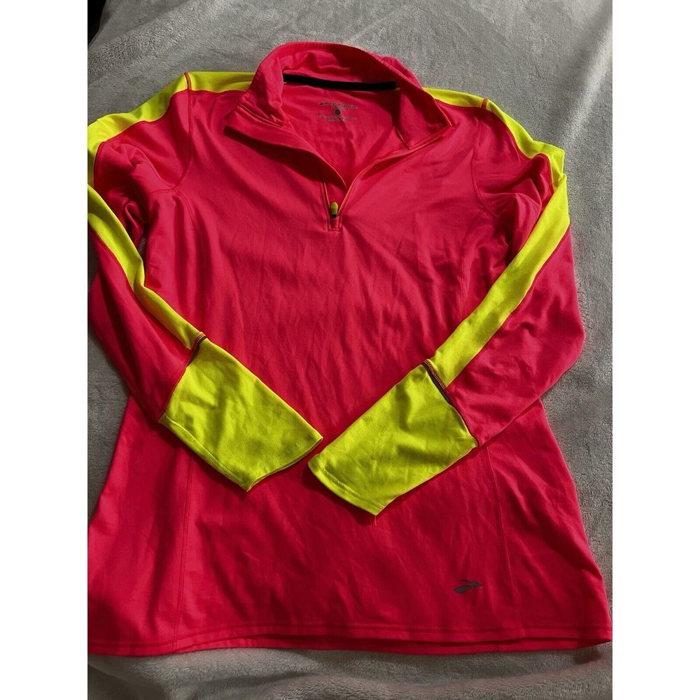 Brooks Sweatshirt Womens L LargeNeon Nightlife‎ Quarter Zip Thumbholes Running